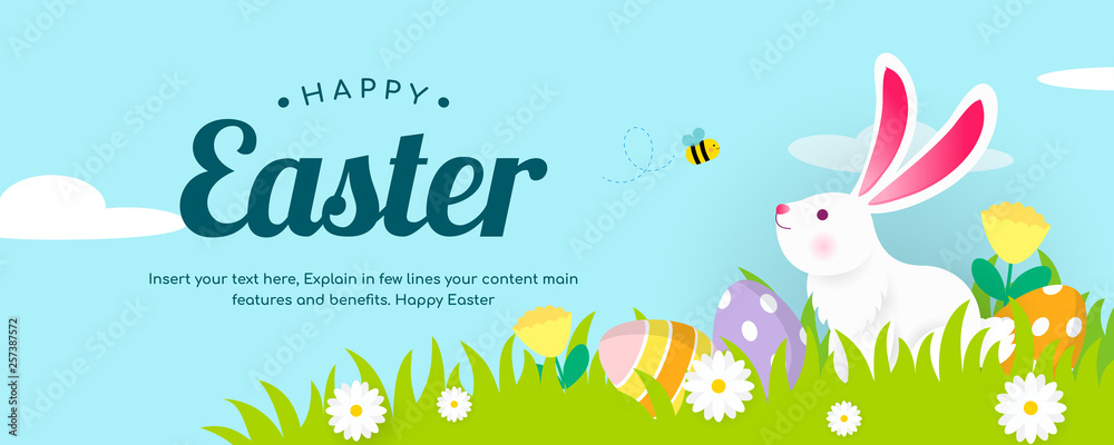 Wall mural happy easter banner vector illustration, white bunny with spring meadow background.