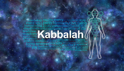 Kabbalah Tree of Life Word Cloud - female silhouette with Kabbalah Tree of Life outline beside a relevant word cloud against a cosmic deep space background