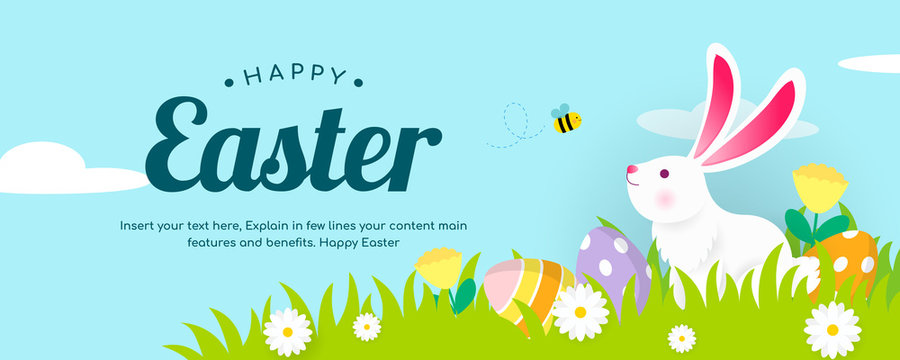 Happy Easter Banner Vector illustration, White bunny with spring meadow background.