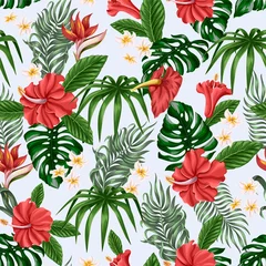 Foto op Canvas Seamless pattern with Tropical flowers and leaves such as banana, palm, monstera leaf and narcissus, hibiscus, plumeria. © Yumeee