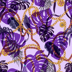 Trendy seamless pattern with chains and tropical leaves.