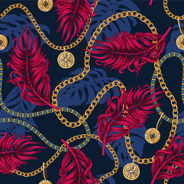 Trendy seamless pattern with chains and tropical leaves