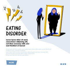 Psychology. Eating disorder, anorexia or bulimia. Slim young woman looking in mirror and seeing herself as overweight. Doodle style flat vector illustration