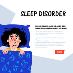 Psychology. Sleep disorder. Woman character with insomnia in bed. Sleepless female person with tired sadness face and red eyes. Doodle style flat vector illustration.