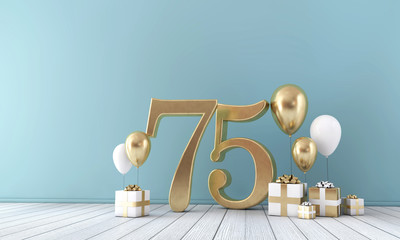 Number 75 party celebration room with gold and white balloons and gift boxes.  - obrazy, fototapety, plakaty
