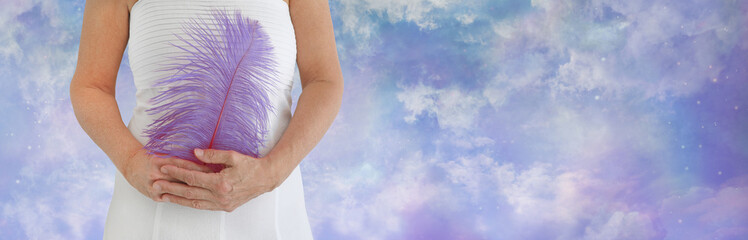 The goddess of truth, justice and order - empowered female in white dress holding large lilac...
