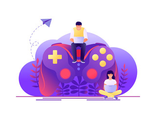 Video game, playing online. Large gamepad with sitting tiny people characters. Flat concept vector illustration for web page, banner, presentation.