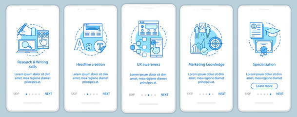 Copywriting courses onboarding mobile app page screen vector tem