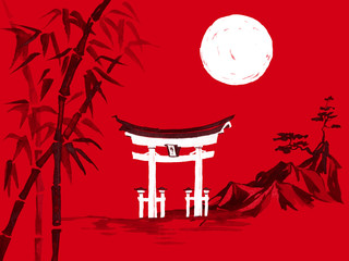 Japan traditional sumi-e painting. Watercolor and ink illustration in style sumi-e, u-sin. Fuji mountain, sakura, sunset. Japan sun. Indian ink illustration. Japanese picture, red background.