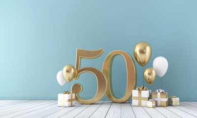 Number 50 party celebration room with gold and white balloons and gift boxes.  - obrazy, fototapety, plakaty