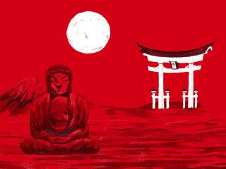 Japan traditional sumi-e painting. Watercolor and ink illustration in style sumi-e, u-sin. Fuji mountain, sakura, sunset. Japan sun. Indian ink illustration. Japanese picture, red background.