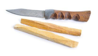 Palo santo, Holy Wood sticks with handmade knife isolated on white background.