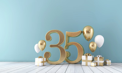 Number 35 party celebration room with gold and white balloons and gift boxes.  - obrazy, fototapety, plakaty
