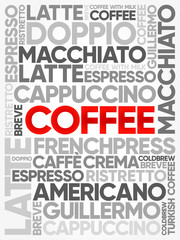 List of coffee drinks words cloud, poster background