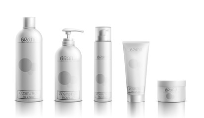 Skincare cosmetics products line packaging mockup 3d realistic vector isolated on white background. Blank white shampoo, lotion tube, liquid soap bottle with dispenser, deodorant sprayer illustration