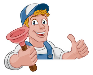 Plumber or handyman cartoon mascot holding a plumbing drain or toilet plunger. Peeking over a sign and giving a thumbs up.