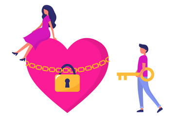 A woman sits on a big heart. The man with the key tries to open the lock. Vector illustration for Valentine's day. Love couple