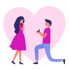 A man makes a proposal to marry a woman. Gives her a ring. Valentine's Day. Romantic date. Trendy flat vector illustration.