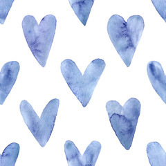 Obraz premium Seamless pattern with hand painted indigo blue watercolor hearts. Valentines day, aquarelle illustration. Romantic decorative background cute heart for gift paper, wedding decor or fabric textile.