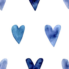 Seamless pattern with hand painted indigo blue watercolor hearts. Valentines day, aquarelle illustration. Romantic decorative background cute heart for gift paper, wedding decor or fabric textile.