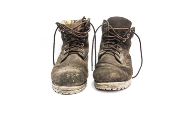 Old leather boots On a white background