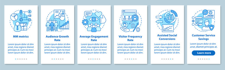 SMM metrics onboarding mobile app page screen with linear concep