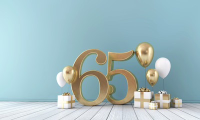 Number 65 party celebration room with gold and white balloons and gift boxes.  - obrazy, fototapety, plakaty