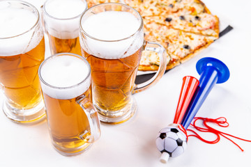 Photo of glasses with foam beer, pizza, pipes