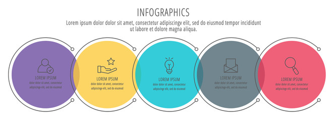 Modern vector illustration. Infographic circles template with five elements, sectors, icons. Designed for business, presentations, web design, interface, workflow layout, diagrams with 5 steps