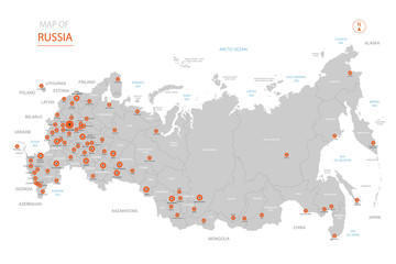 Stylized vector Russia map showing big cities, capital Moscow, administrative divisions.
