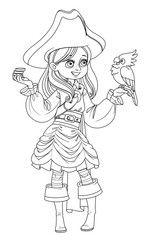 Cute cartoon girl in pirate costume with parrot outlined isolated on white background