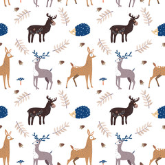 Seamless pattern with the image of elk, hedgehog and deer. Vector illustration. Design can be used for textiles, wallpaper, clothing, wrapping paper