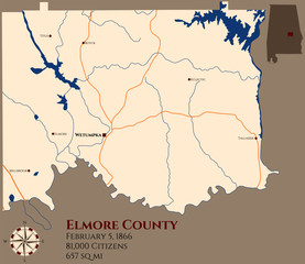 Large and detailed map of Elmore county in Alabama, USA
