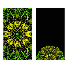 Invitation Or Card Template With Floral Mandala Pattern. Decorative Background For Wedding, Greeting Cards, Birthday Invitation. The Front And Rear Side. Black green color