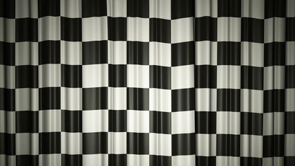 Checkered flag silk curtain on stage. 3D illustration
