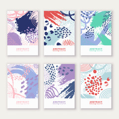 Set of poster, greeting, invitation card, template design, cover, party advertisement, flyer. Сard templates with abstract bright colored paint blotches, stains, drops, scribble, brush strokes.