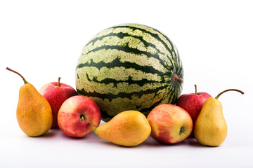  apple large plvnom. pear closeup. watermelon close up. a lot of fruits. fruit season
