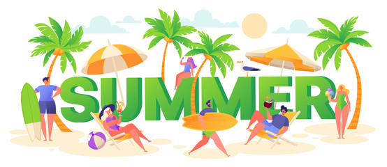 Banner on summer vacation theme. Outdoor activity and rest on the beach. Horizontal poster with active characters women and men. Sport and active life motivation concept. Trendy vector illustration.