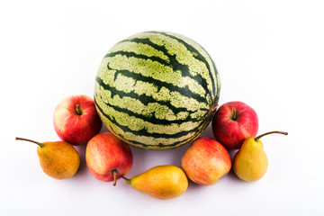  apple large plvnom. pear closeup. watermelon close up. a lot of fruits. fruit season