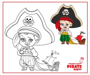 Cute cartoon boy in pirate costume and huge hat holding a ship model on rope color and outlined isolated on white background