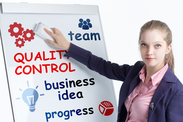 Business, technology, internet and networking concept. Young entrepreneur showing keyword: Quality...