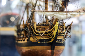 Galleon model detail made of wood. Useful as hobby example. - obrazy, fototapety, plakaty