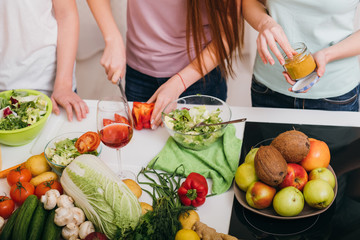 Women cooking class. Vegetarian meal. Special recipe. Fresh fruit and vegetables assortment.