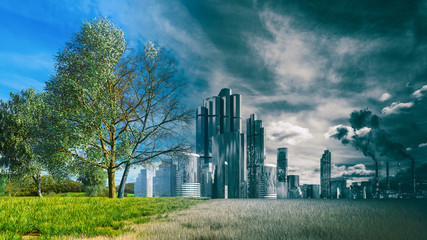 Fototapeta na wymiar The Contrast between pure nature, bright blue skies and fresh green grass, a young tree and a polluting cities, with large buildings and plants destroying the ecology of our planet. 