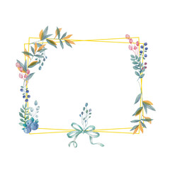 Obraz premium Watercolor flowers and leaves wreath. Gold frame illustration. square and bow clip art branch for birthday, celebration, wedding, invite card white background Beauty bouquet. green and yellow leaves