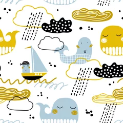 Behang Leuk naadloos patroon met walvis, boot, wolken en golven. Scandinavische stijl. Zomer jachthaven achtergrond. Perfect voor stof, textiel. Vectorachtergrond. © bukhavets