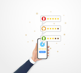 Customer review rating concept. Hand holding smartphone with mobile app for online reviews system, client testimonials, client feedback with stars rating. Flat vector illustration