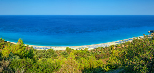 Fototapeta na wymiar Kathisma beach, Lefkada island, Greece. Long beach with turquoise water on the Ionian islands in Greece