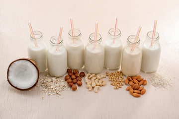 Obraz na płótnie Canvas Bottles of assorted vegan milks