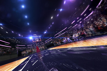 Basketball court wide view. all cort in a little motion blur. blue toning